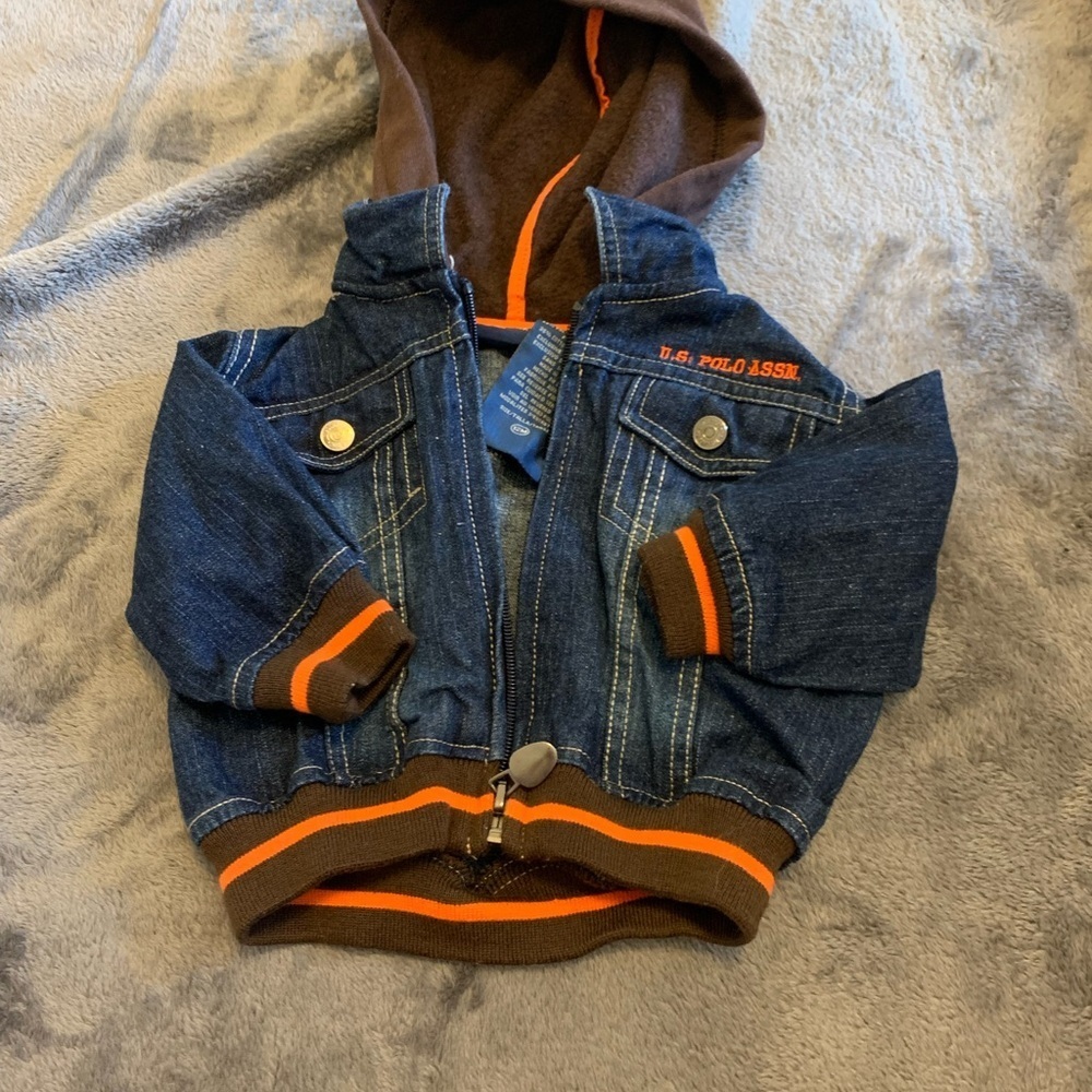 U.S. Polo Assn. Kids Denim Jacket with Brown Hood and Orange Trim